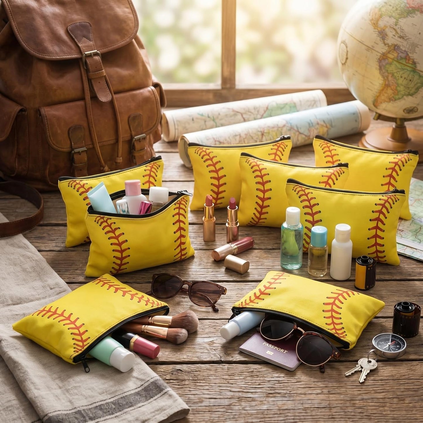 Softball Makeup Bags - 12 Pcs Canvas Cosmetic Zipper Pouches | Portable Travel Toiletry Organizers for Team Gifts