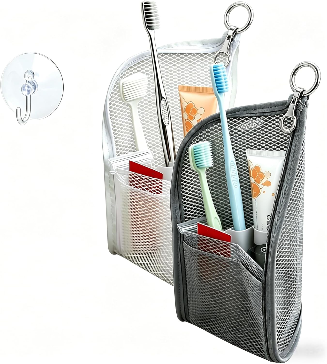 Travel Toiletry Bag - Portable Lightweight EVA Mesh Organizer | Waterproof Hanging Storage for Toothbrush & Toiletries (Gray/White)