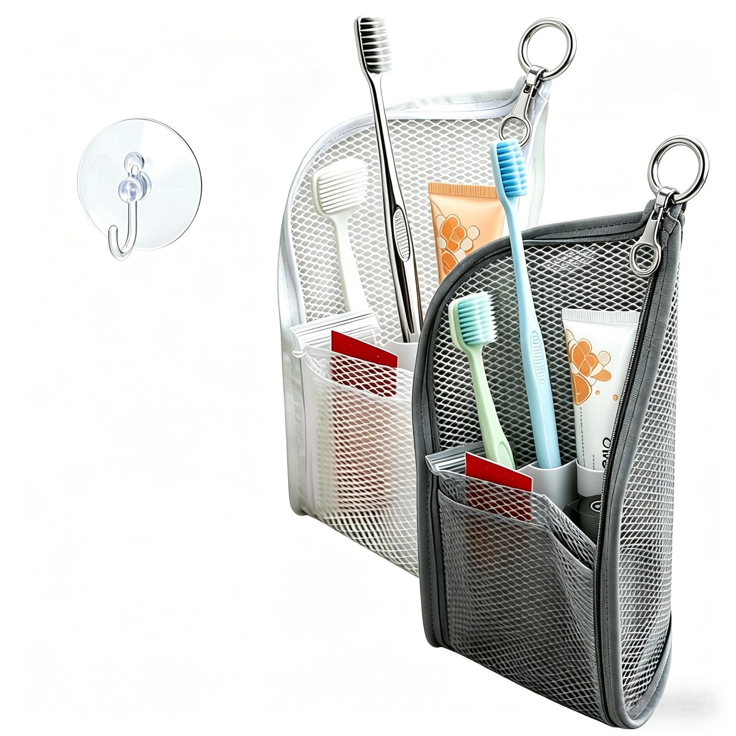 LILVEYUme Standing Travel Toiletry Bag, Portable Lightweight EVA Mesh Clear Cosmetic Organizer, Waterproof Foldable Hanging Storage Bag for Toothbrush & Toiletries (Gray, White)