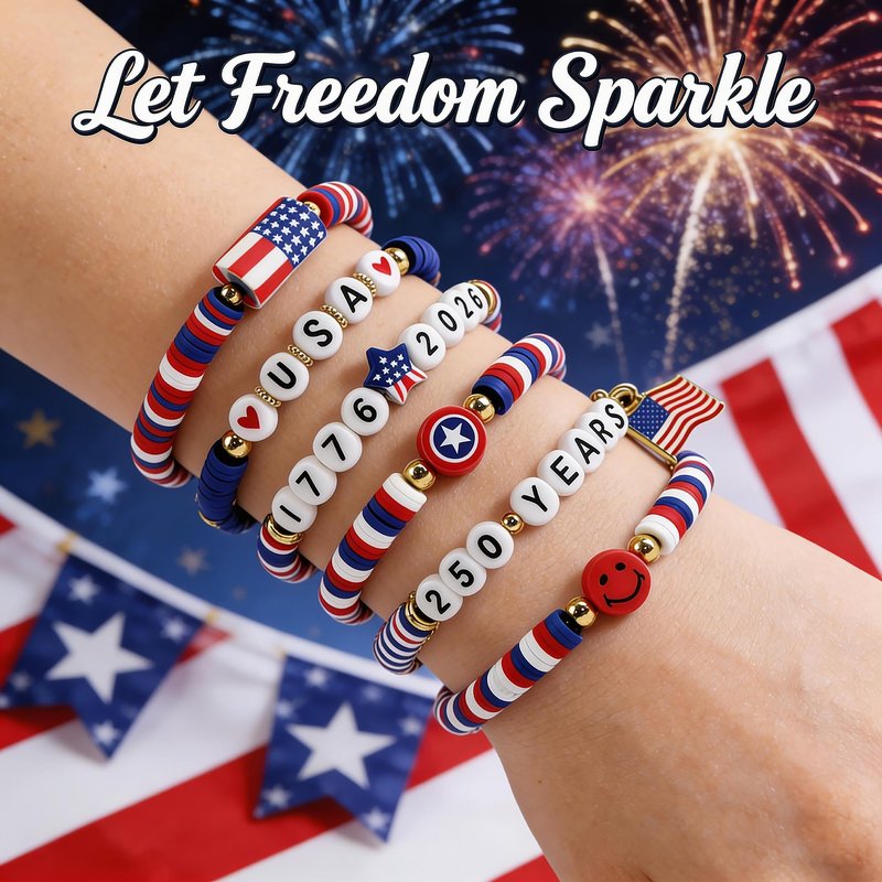 4th of July Outfits for Women - 6 Pack Patriotic 𝐁𝐫𝐚𝐜𝐞𝐥𝐞𝐭𝐬 for 250th Anniversary USA Shirt | 250th Anniversary 1776-2026 USA Merchandise | Fourth of July Accessories Decorations Party Favors