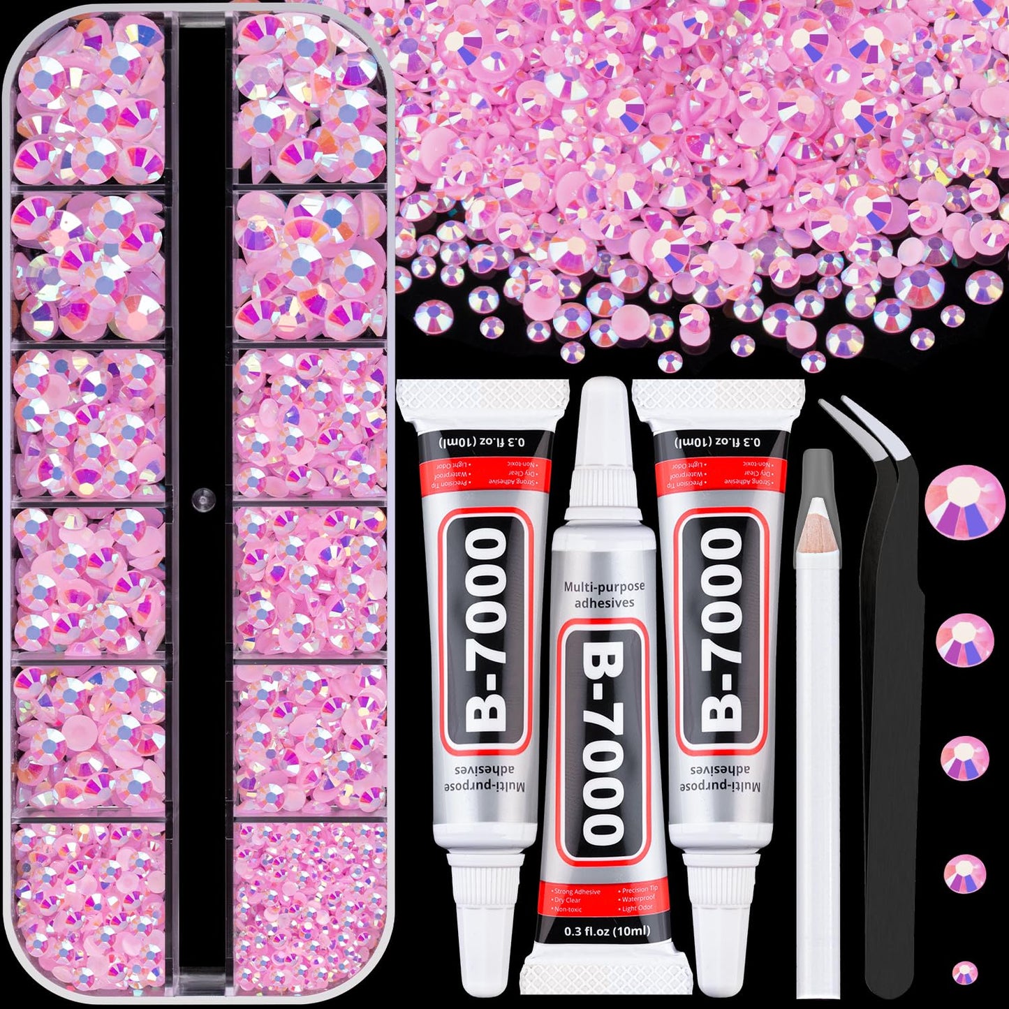 32000 Pcs Black Rhinestones - Flatback Resin Gems for Bedazzling | Jewelry Glue & Tweezers Included
