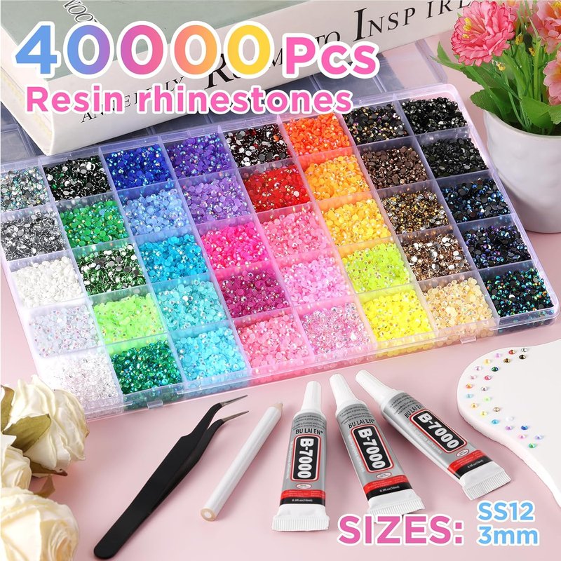 Zefy 40000 Pcs Resin Jelly Rhinestones - 3mm Flatback Gems for Crafting | 40 Colors & B7000 Glue Included