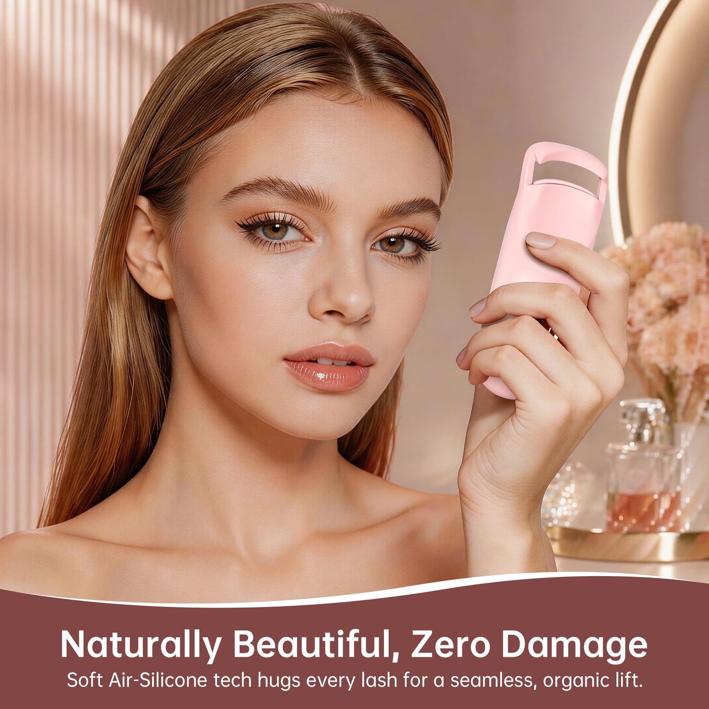 Heated Eyelash Curler, 10s Fast Heating Portable Electric Lash Curler, Type-C Rechargeable Travel Eye Lash Curlers with Anti-Scalding Silicone Pad, 2 Temp Modes & 24H Long Lasting Curves (Pink)