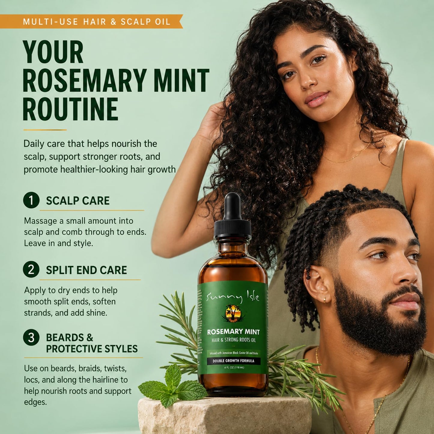 Sunny Isle Rosemary Mint Hair & Strong Roots Oil 4oz, Jamaican Black Castor Oil & Biotin, Double Growth Formula, Strengthening, Dry Scalp, Edges, Breakage & Protective Styles
