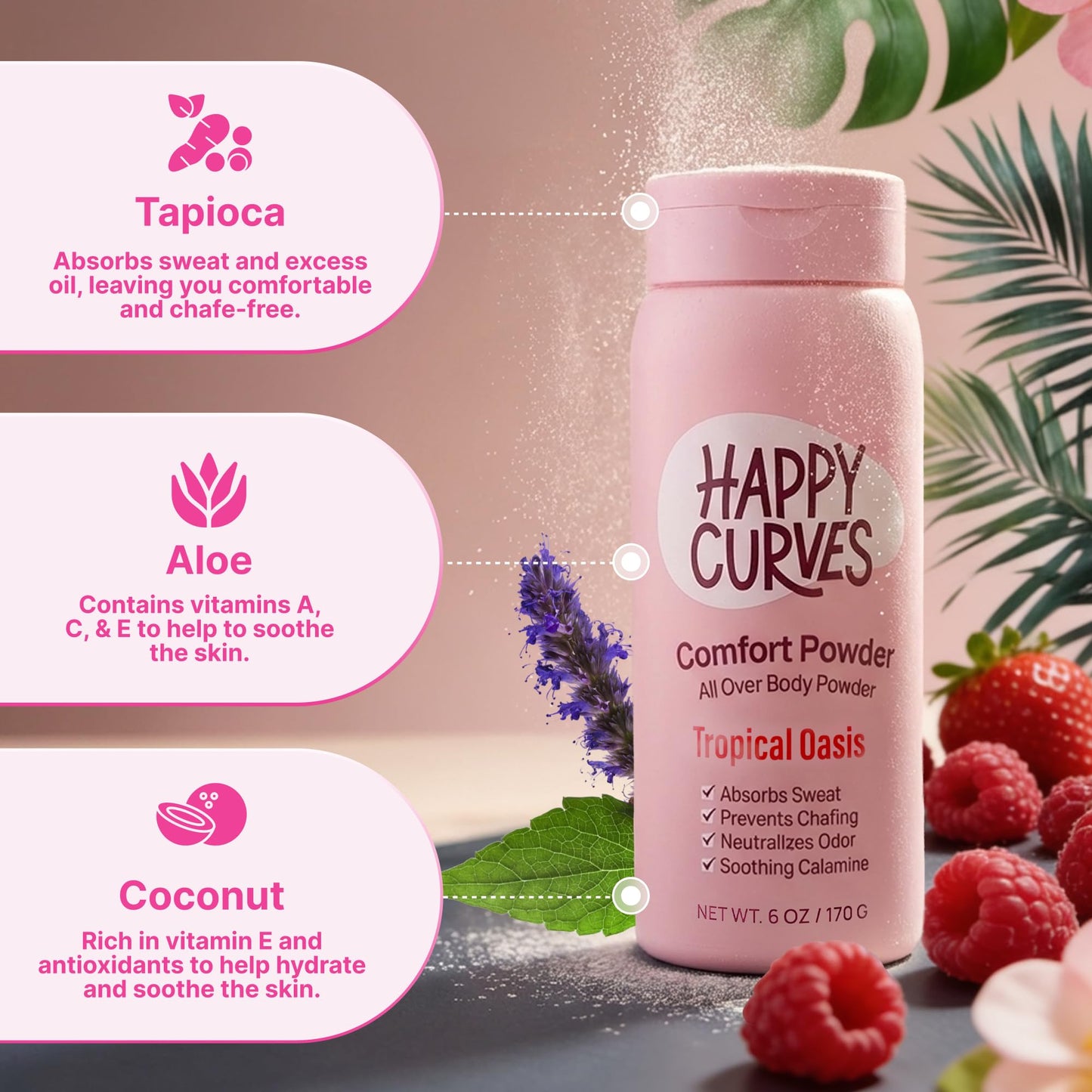 HAPPY CURVES Comfort Powder: Talc Free Anti Chafe Body & Foot Dusting Powder Deodorant to Control Inner Thigh Chafing, Private Areas, and All Over Body for Women (4 Ounce (Pack of 2), Tropical Oasis)