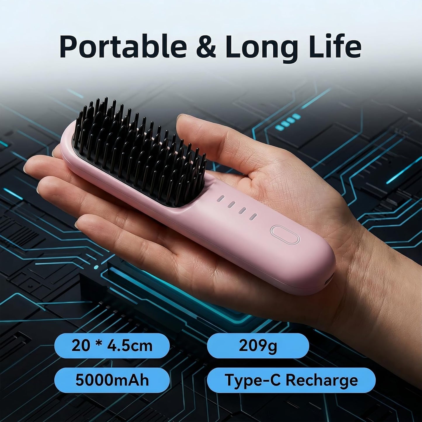 Cordless Hair Straightener Brush - Anti-Frizz Ionic Straightening Comb | Portable & Rechargeable (Pink)