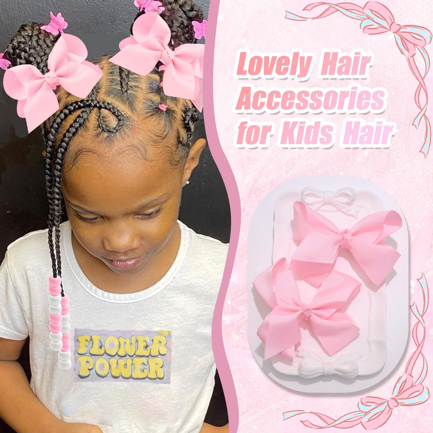 NAISKA 62PCS Pink Valentine's Day Hair Beads 4.7inch Bow Hair Clips Cute Beads for Hair Braids Kids Girls Hair Bow Braids Jewelry Loc Accessories for Kids Girls