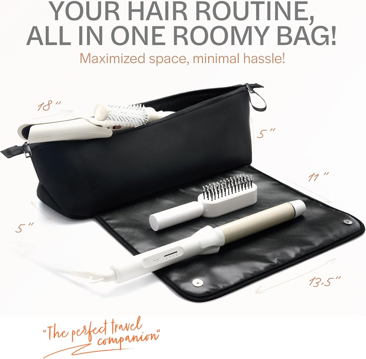 Hair Tools Organizer - Large Capacity Travel Bag with Heat Resistant Mat for Flat Irons & Curling Wands | Black