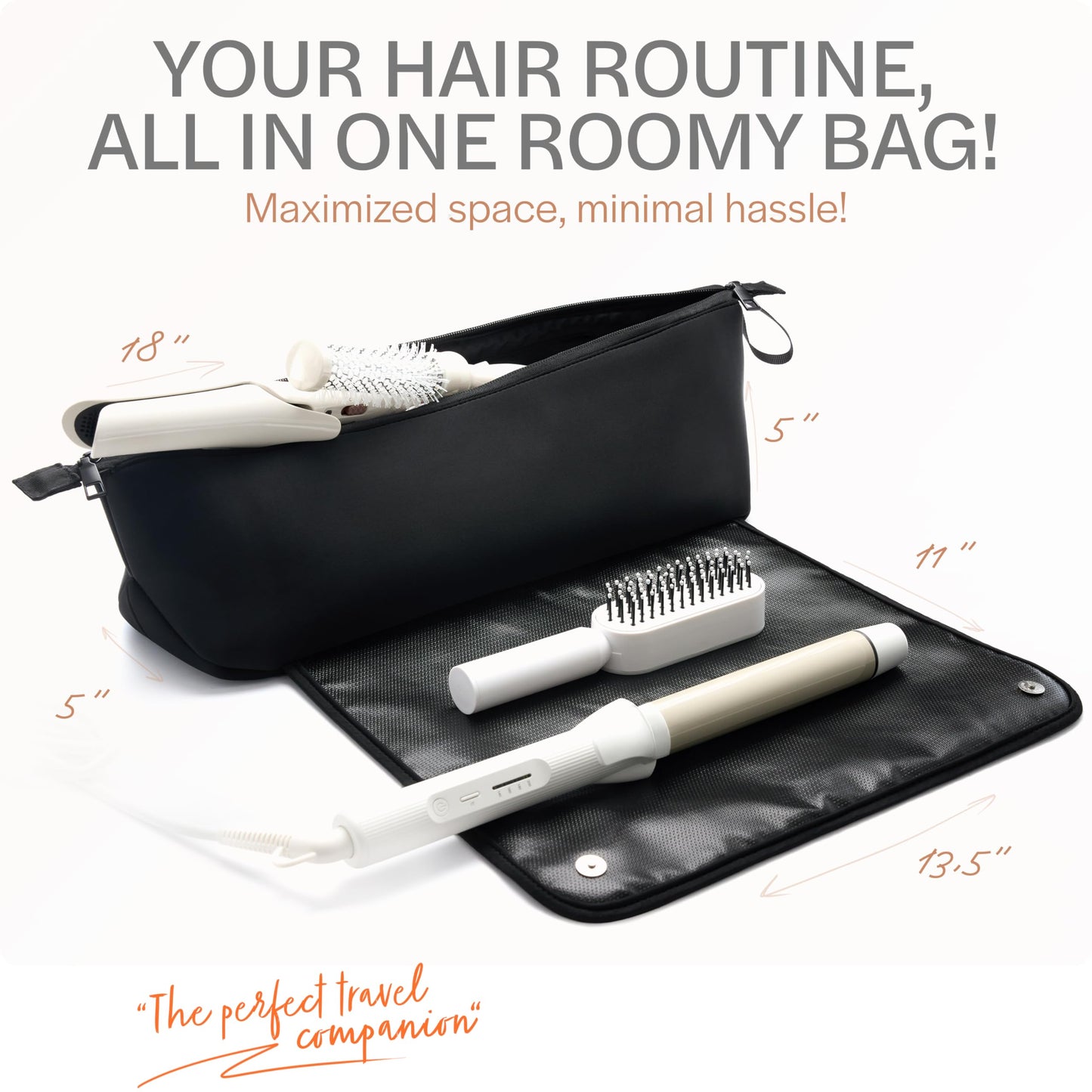Aerotrunk Hair Tools Organizer - Hot Hair Tools Travel Bag with Heat Resistant Mat, Large Capacity Pouch for Flat Irons, Curling Wands, Hair Dryers - Black