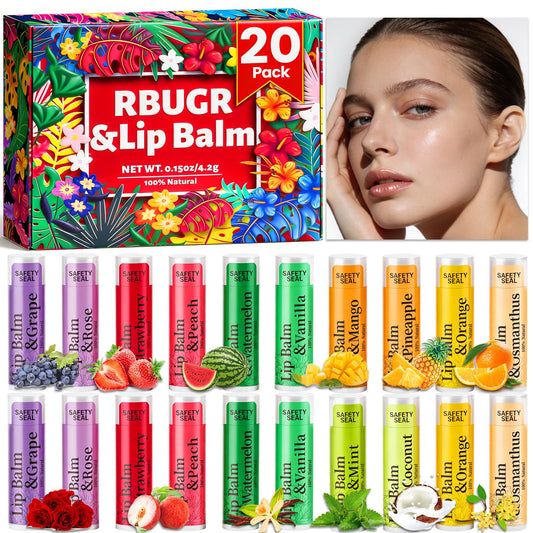 RBUGR Lip Balm Bulk 20 Pack- 12 Flavored Lip Balm Set Natural Moisturizing Hydrating for Dry Cracked Lips, Gifts for Women & Party Favors Mini Balm Pack (4.2g/0.15oz)