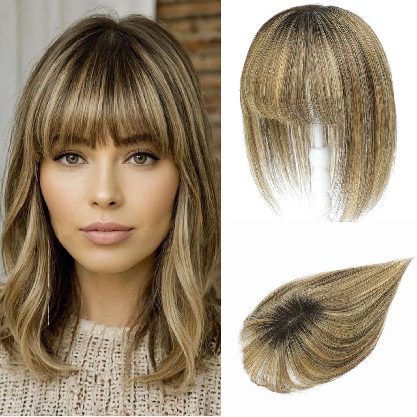 YAMI Human Hair Toppers for Thinning Hair - 10" Bangs Hairpiece | Medium Brown Mix with Dark Brown Root