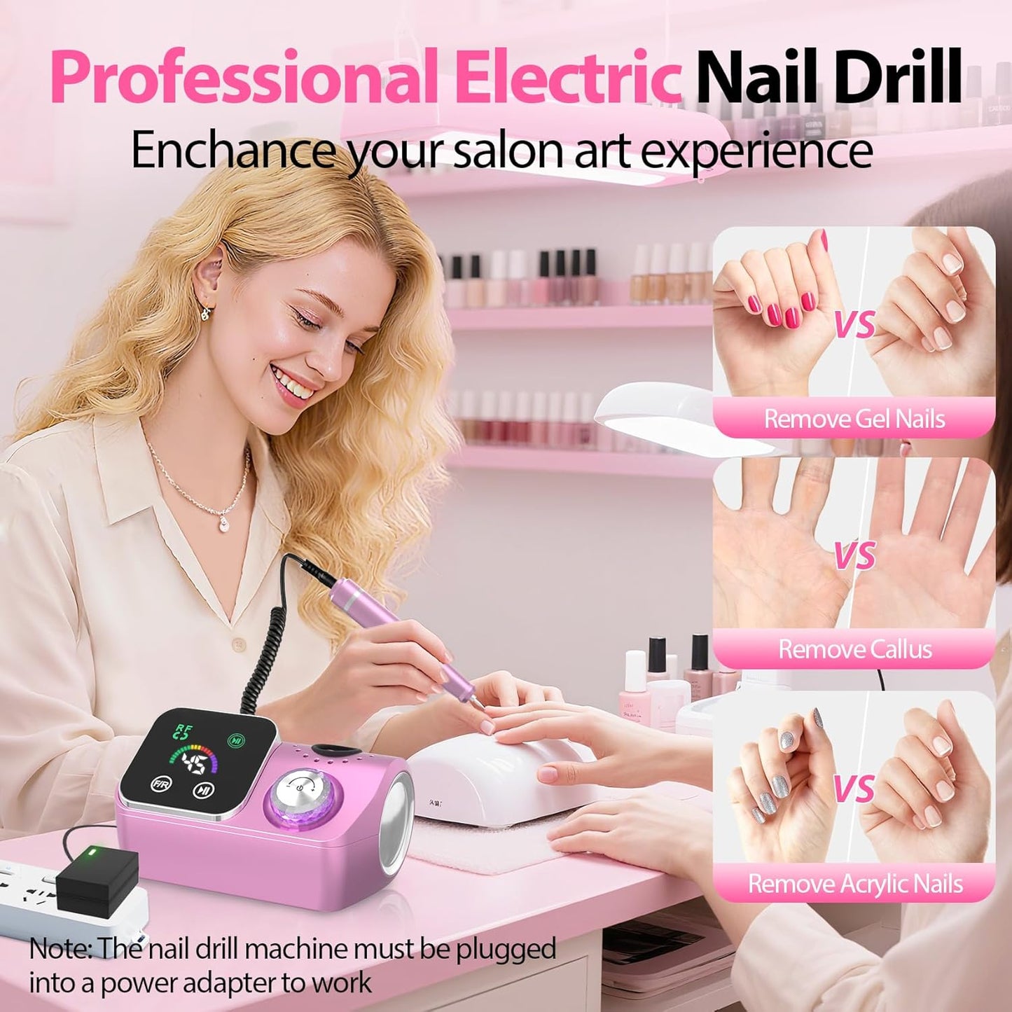 Electric Nail Drill E-File Machine - 45,000 RPM Corded Kit with Low Noise & LED Display for Acrylic Gel Nails | Salon & Home Use