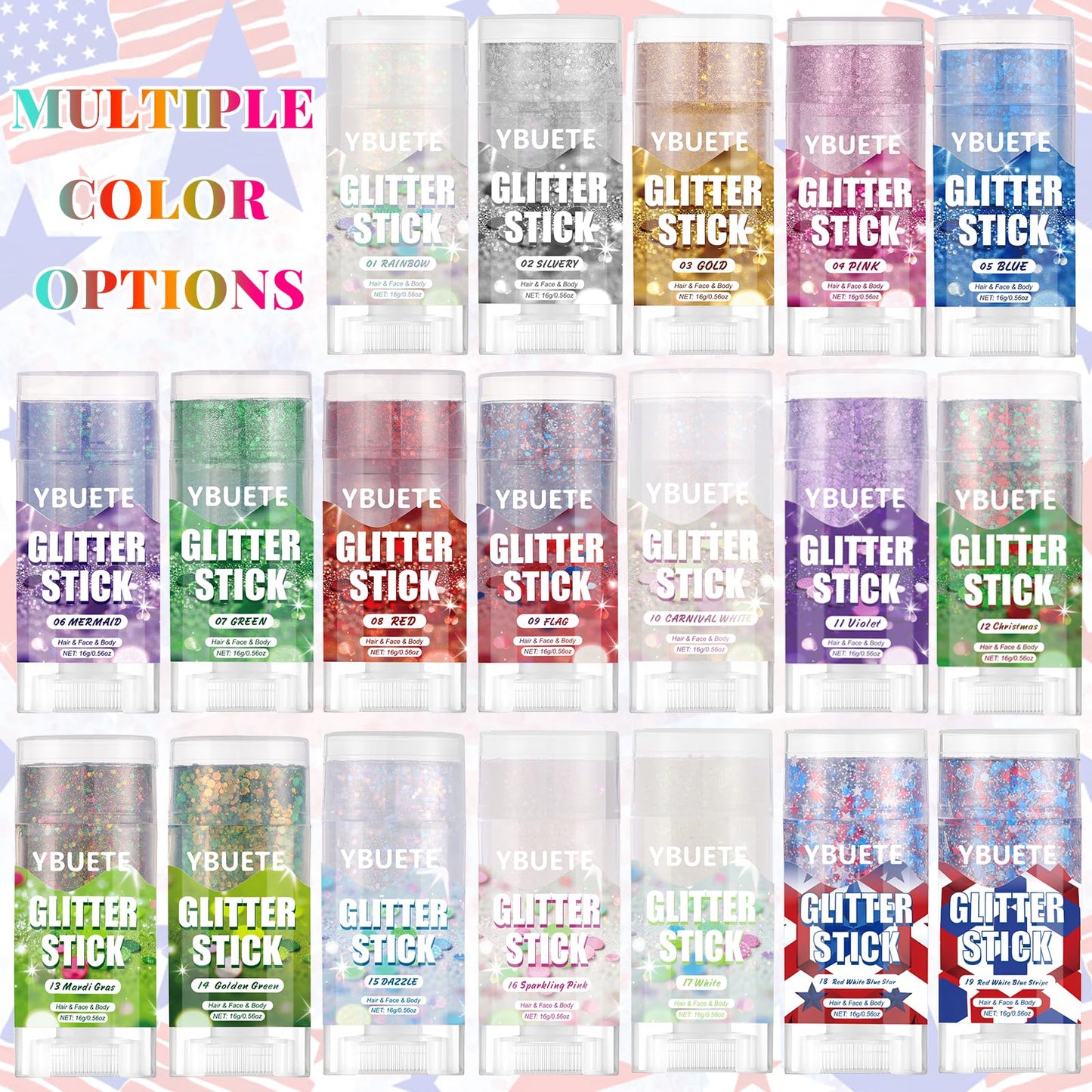 YBUETE Red White Blue Star Face Body Glitter Stick, 4th of July Glitter, Patriotic Makeup USA Flag Accessory for Independence Day, Memorial Day, Veterans Day, Sparkling Makeup for Adult