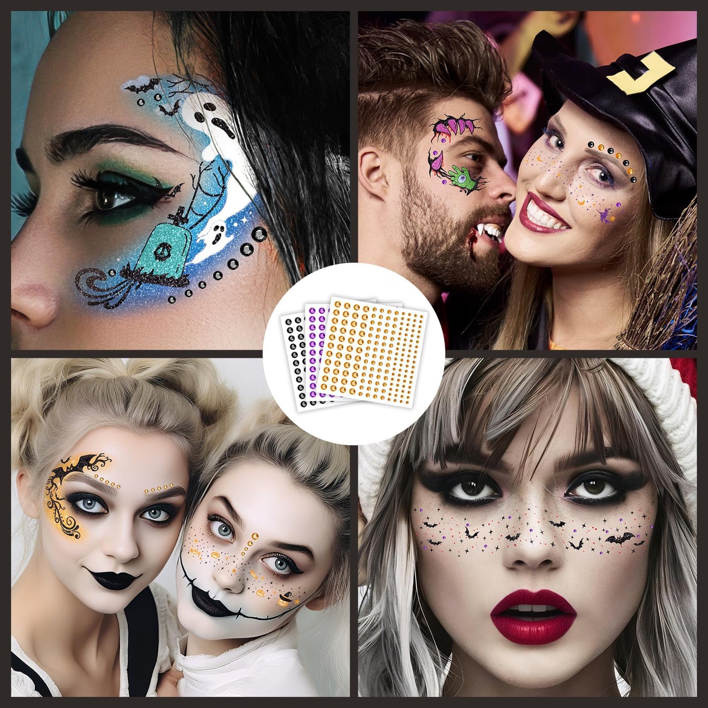 EMOME Halloween Decorations, Halloween Glitter Faux Freckles Face Tattoos with Black Orange Purple Face Gems, Halloween Rave Accessories Face Paint Makeup Kit for Women, Party Supplies
