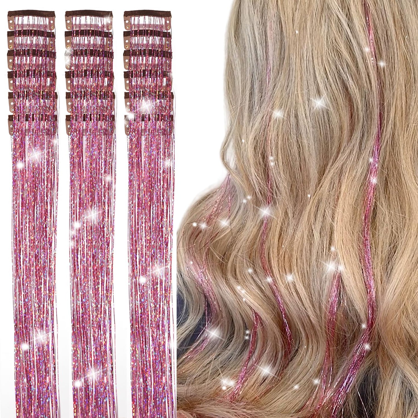 Aokomisu Hair Tinsel Clip in Pack of 18 Pcs 20 Inch Clip in Hair Tinsel Pink Glitter Tinsel Hair Extensions Fairy Hair Clips Party Dazzle Hair Accessories for Girls Kids Women (Pink-18 Pcs)
