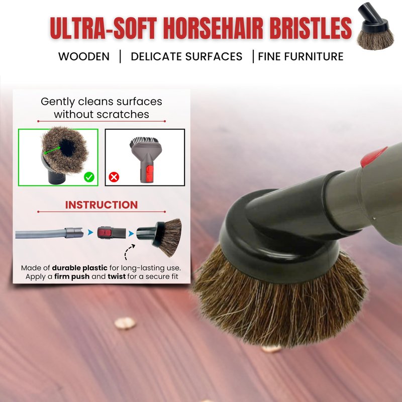 For Dyson Horsehair Vacuum Brush & Extension Hose – Compatible with Dyson V7 V8 V10 V11 V15 Gen5 – Soft Bristle Dusting Brush for Blinds, Furniture, & Delicate Surfaces – Quick Release Attachment