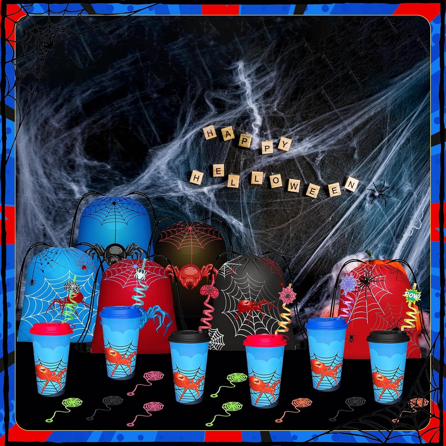 Spider Party Favors - 72 Pcs Birthday Supplies with Goodie Bags, Straws, Cups & Sticky Webs | Fun for Kids' Parties