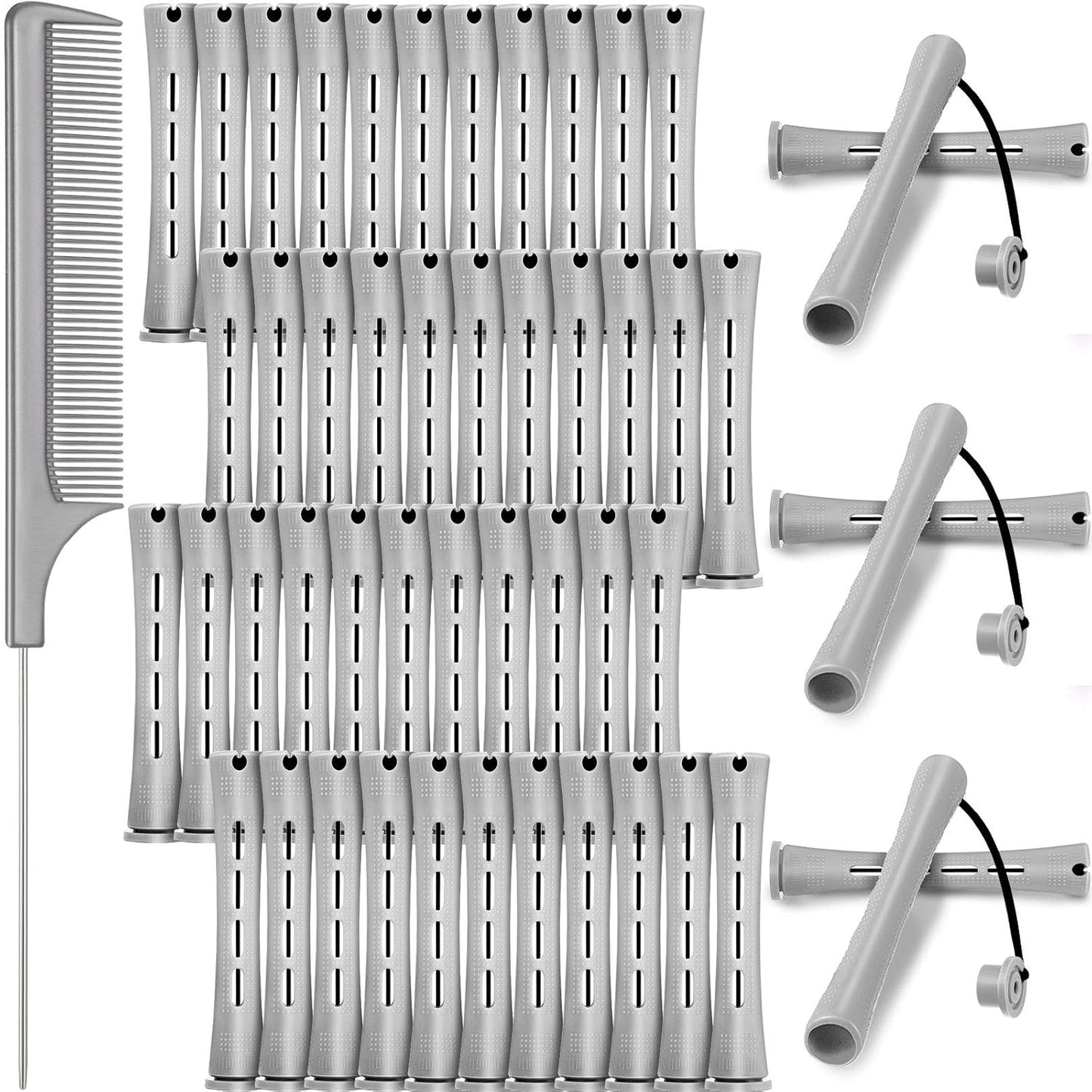Plastic Curlers Set - 48 Pieces with Steel Pintail & Rat Tail Combs for Cold Wave Perming | Yellow & Orange, 0.28 Inch