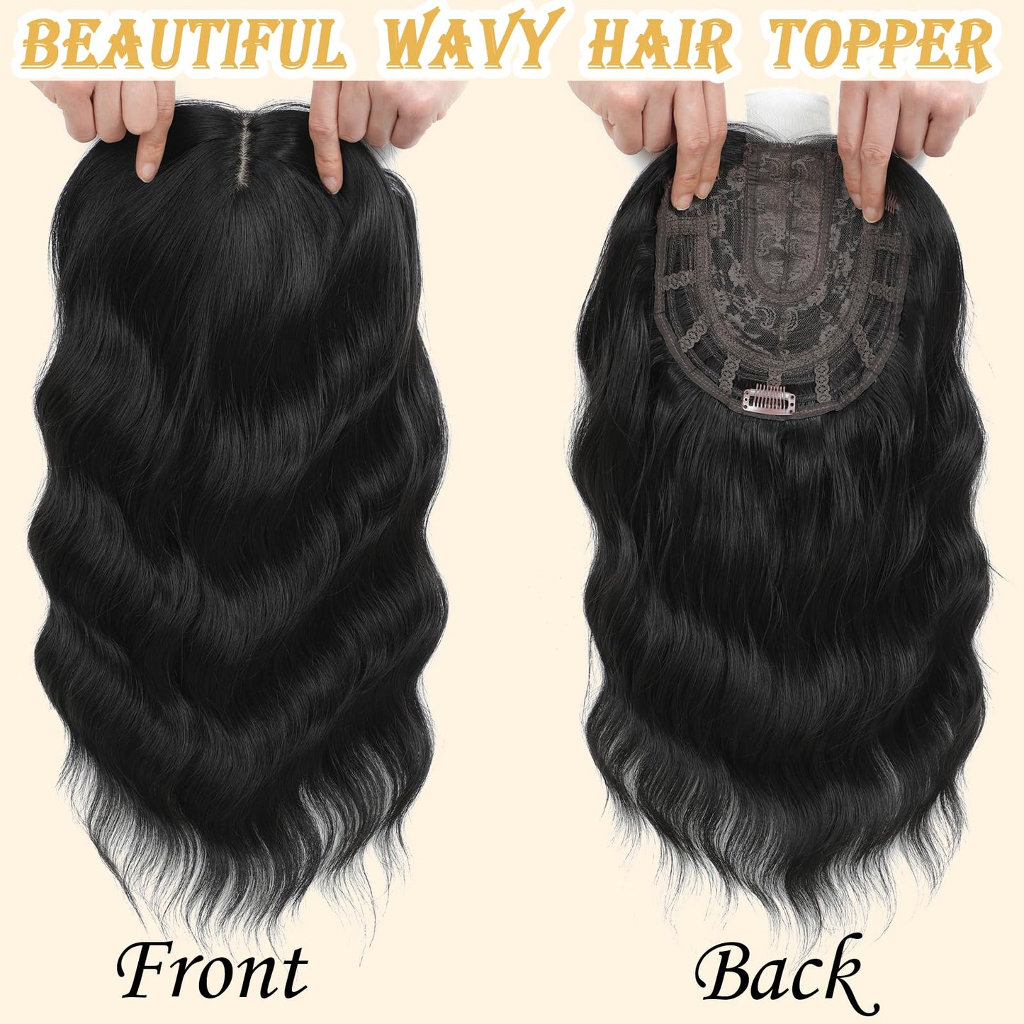 16 Inch Hair Topper for Women with Thinning Hair, Synthetic Curly Wavy Clip-In Topper with Curtain Bangs Natural Looking Crown Coverage Lightweight Hair Piece for Volume(Black)