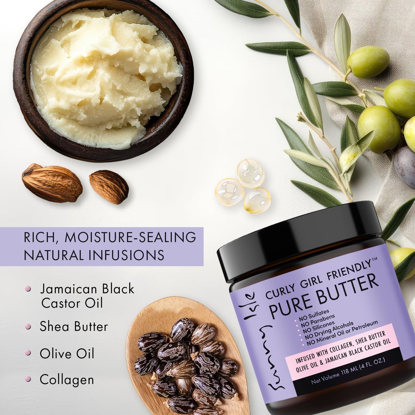 Sunny Isle Curly Girl Friendly Hair Butter for Dry Hair & Scalp, Moisturizing Hair & Skin, Jamaican Black Castor Oil & Shea Butter, Olive Oil, Seals Moisture for Curly, Coily & Natural Hair, 4oz