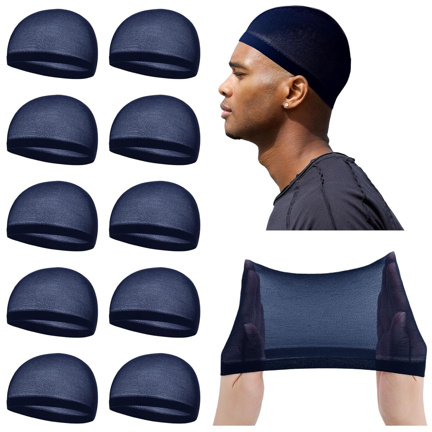 Stretchy Nylon Skull Wave Caps for Men - 10 Pcs Lightweight Beanie Set | Black