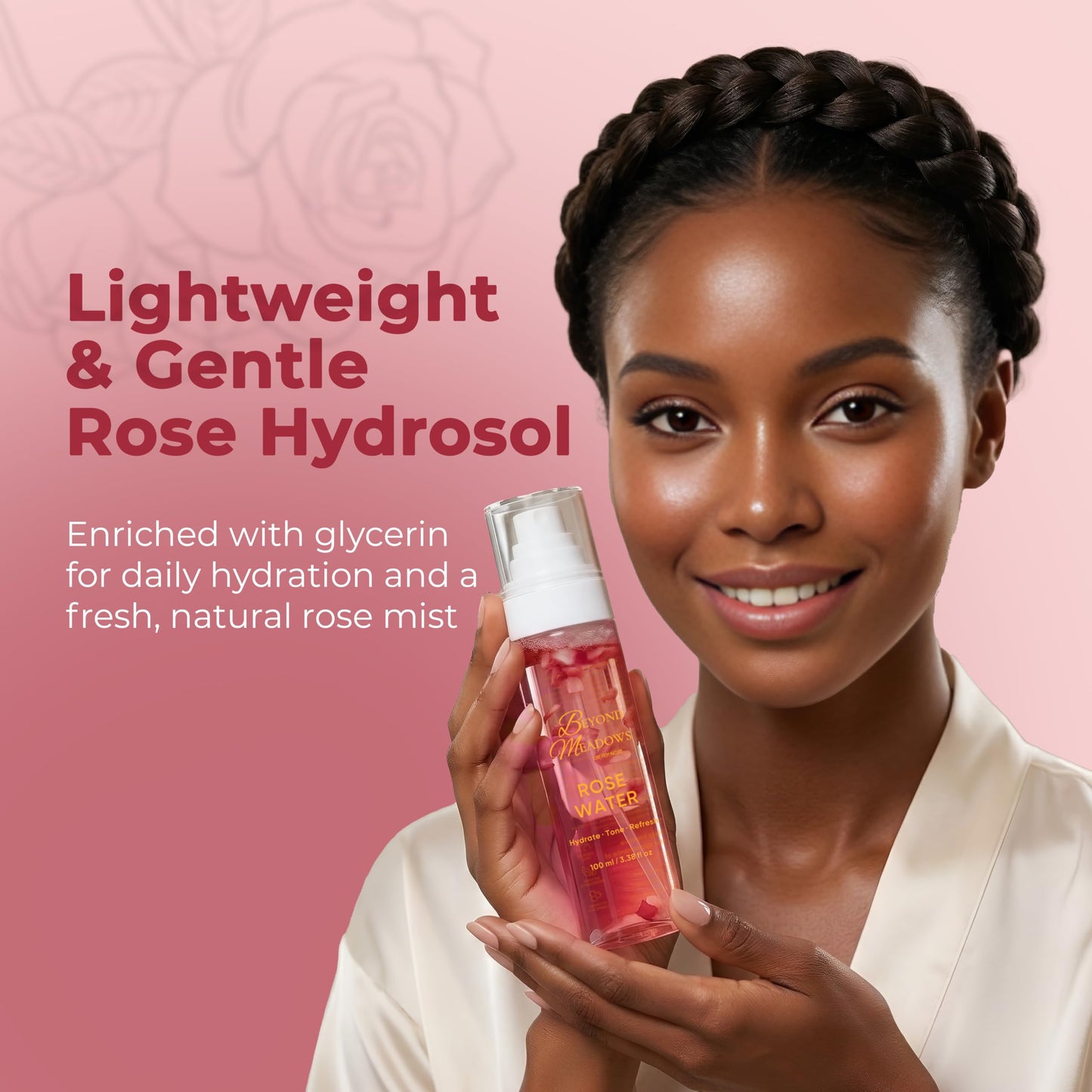 Beyond Meadows Rose Water Spray for Face & Hair - Made with Rose Hydrosol & Glycerin, Hydrating & Refreshing Facial Mist to Set Makeup, Support Double Cleansing & Help Balance Skin’s pH (3.38 fl oz)