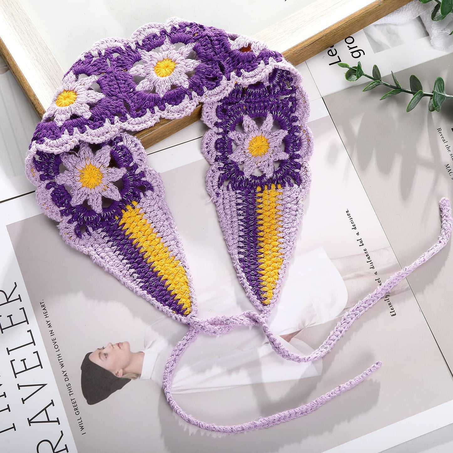 CHLINS Daisy Floral Elastic Handmade Crochet Headbands - 3PCS Bohemian Knit Head Wraps for Women and Girls (Colorful: Purple, Green, Orange)