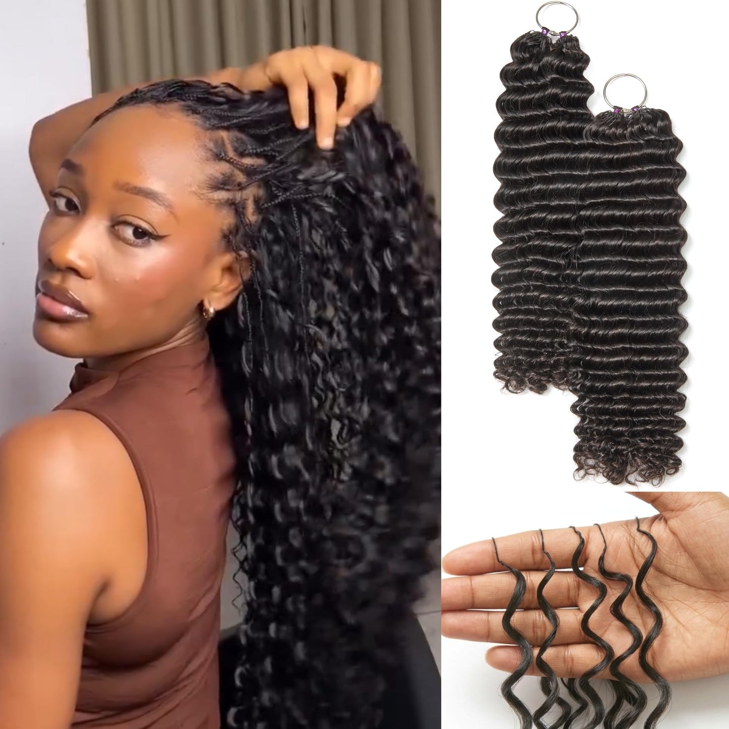 LUVME Deep Wave Miracle Knots Crochet Human Hair, 18 Inch 215g About 200 Strands, Pre-Separated Feather Crochet Hair for Black Women, Natural Black, Full Volume Protective Style
