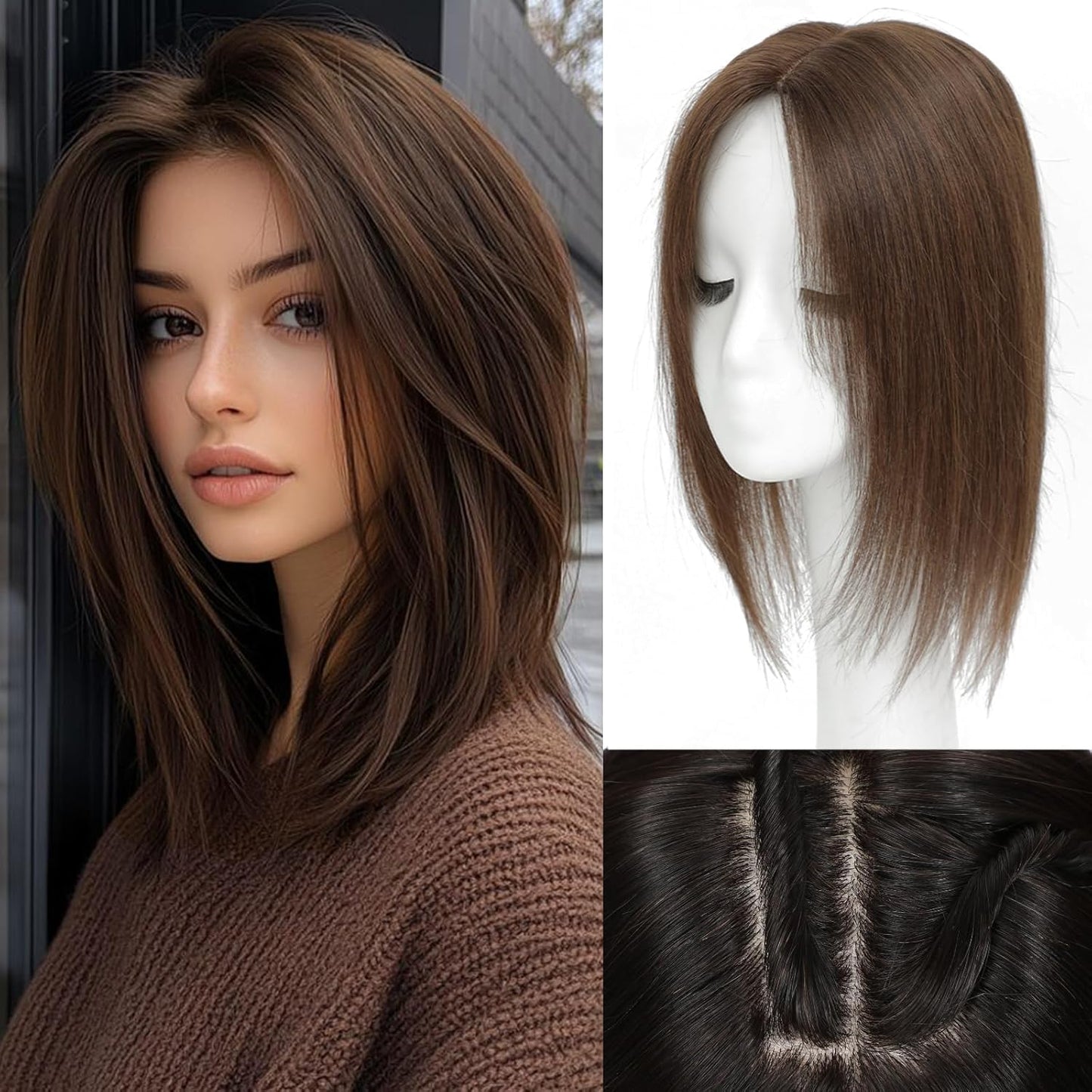 Real Human Hair Toppers for Women - 14 Inch Clip-In Curtain Bangs | Dark Brown, 360° Coverage