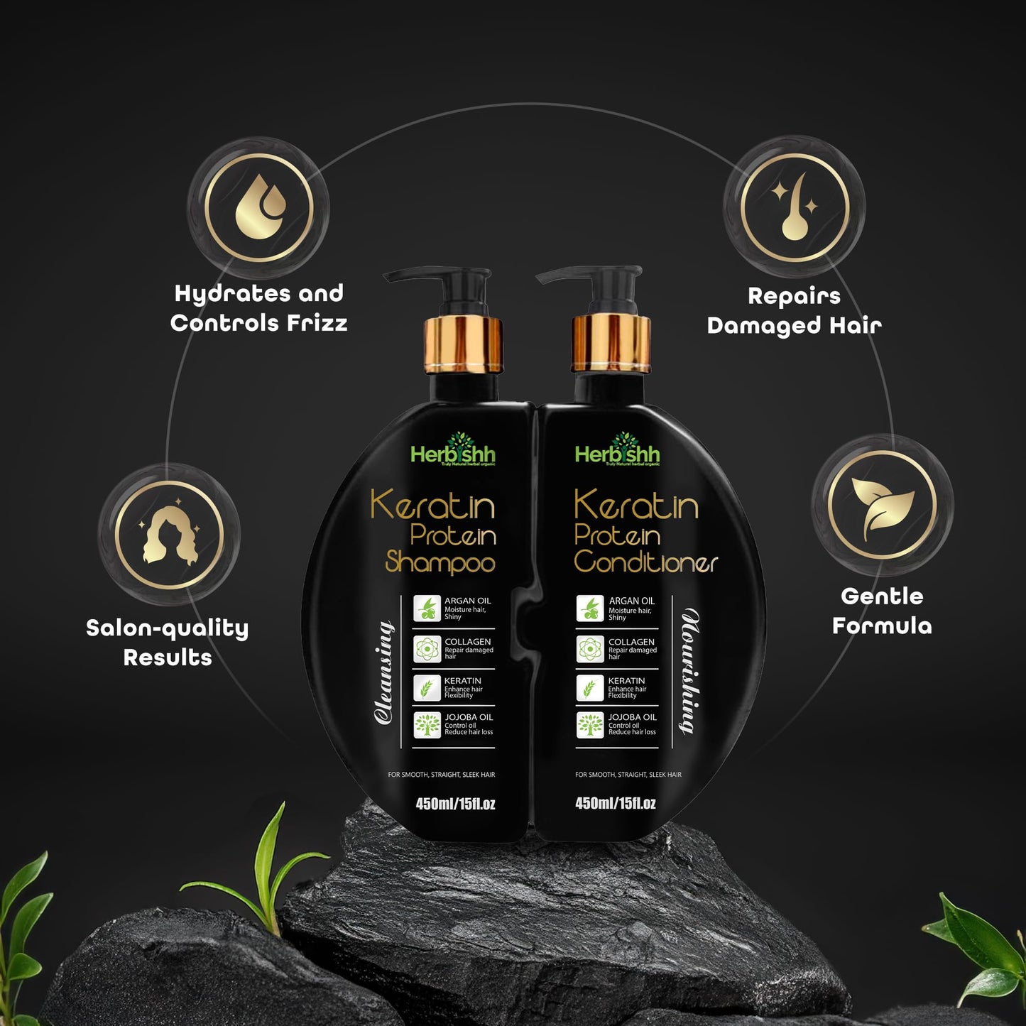 Herbishh Keratin Shampoo and Conditioner Set Anti Frizz (15 fl.oz Each) Sulfate and Paraben Free Shampoo and Conditioner Hydrating & Nourishing Enriched For Colored Treated Dry, Damaged and Dull Hair