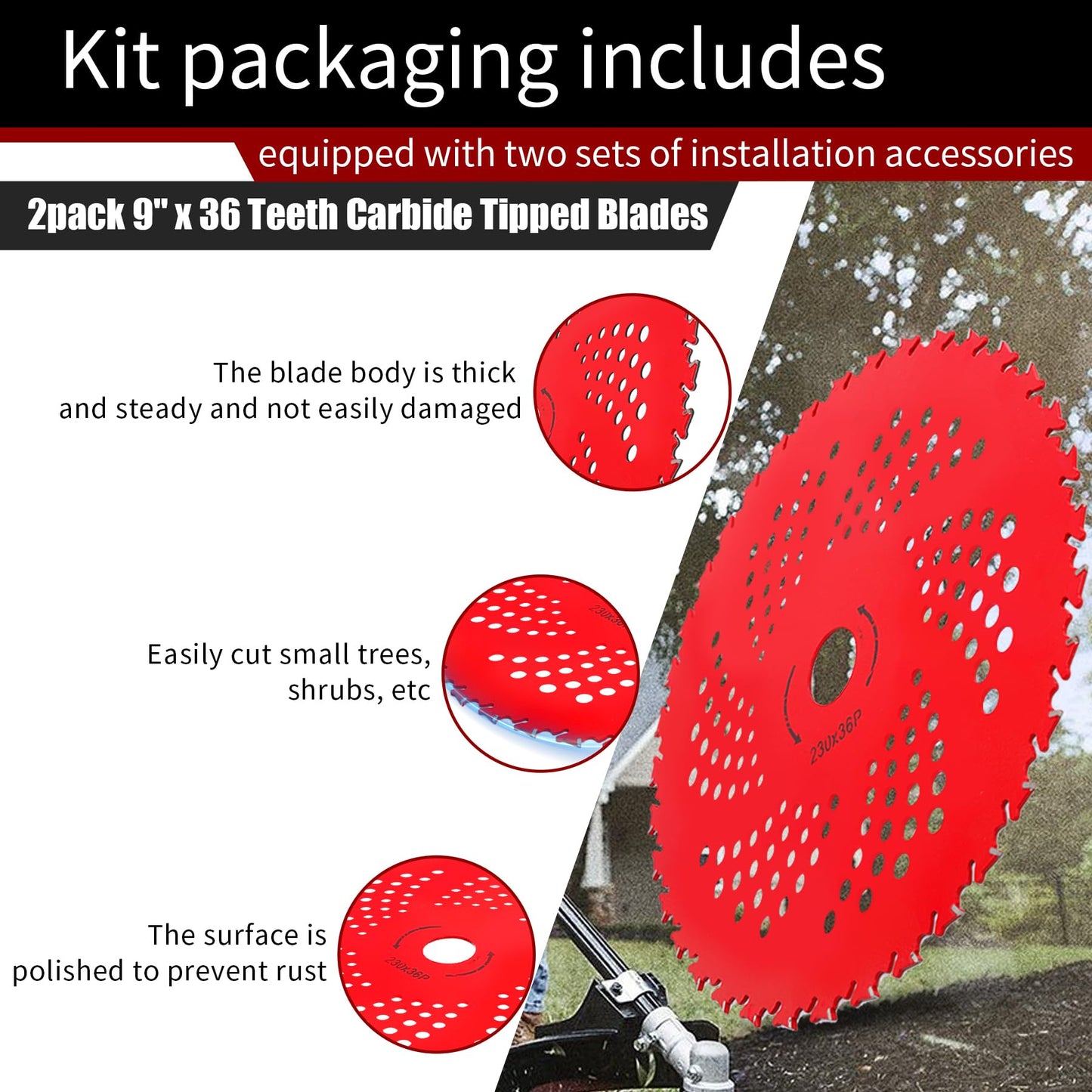 PLAXNS 2pack 9" x 36 Teeth Carbide Tipped Brush Cutter Blades,Universal Weed Eater Blades Metal with Universal Adapter Kit, for Brush Cutter, Trimmer, Weed Eater