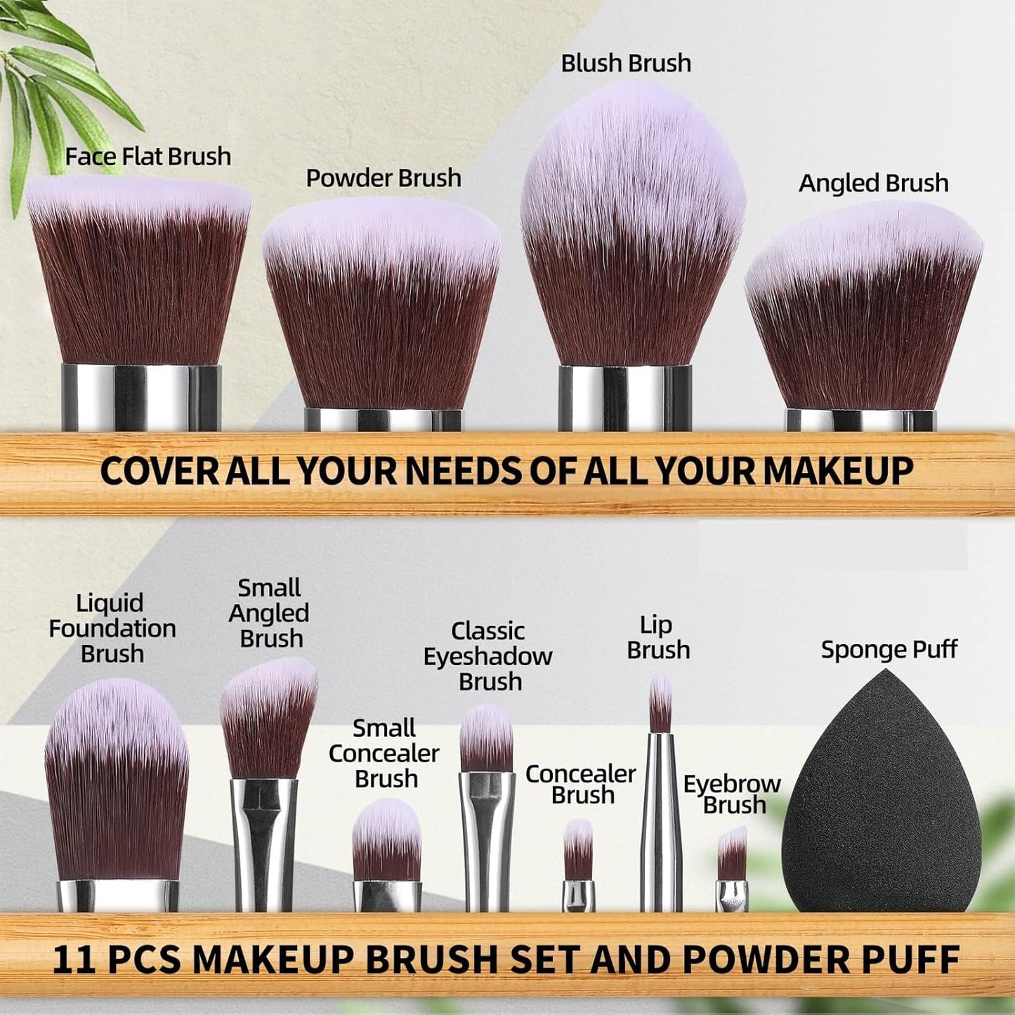 BS-MALL Makeup Brush Set - 11 Pcs Professional Bamboo Brushes for Foundation, Blush & Eyeshadow | Ideal for Travel & Beginners