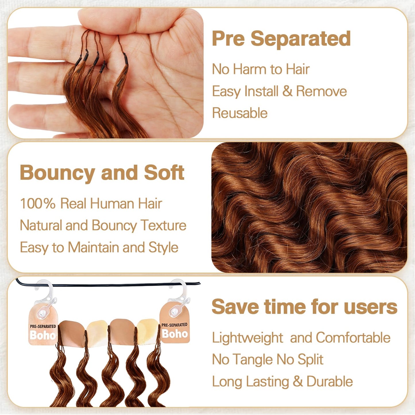 Human Crochet Hair for Black Women 22inch 60g Pre Separated 50 Strands Deep Wave Feather Crochet Human Hair Extensions 30# Light Auburn Invisible Miracle Knots Boho Crochet Bundles