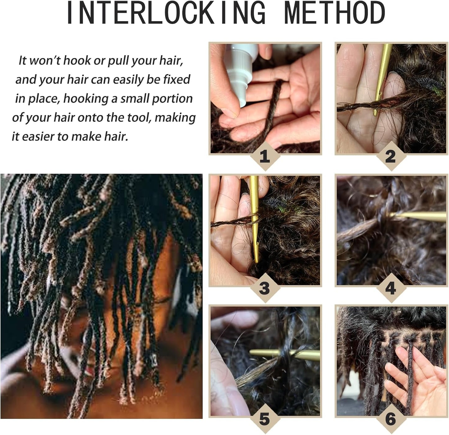 Interlocking Tool for Locs | Dual-Ended Metal Crochet Needle for Dreadlocks & Sisterlocks - Gold, 2 Pack