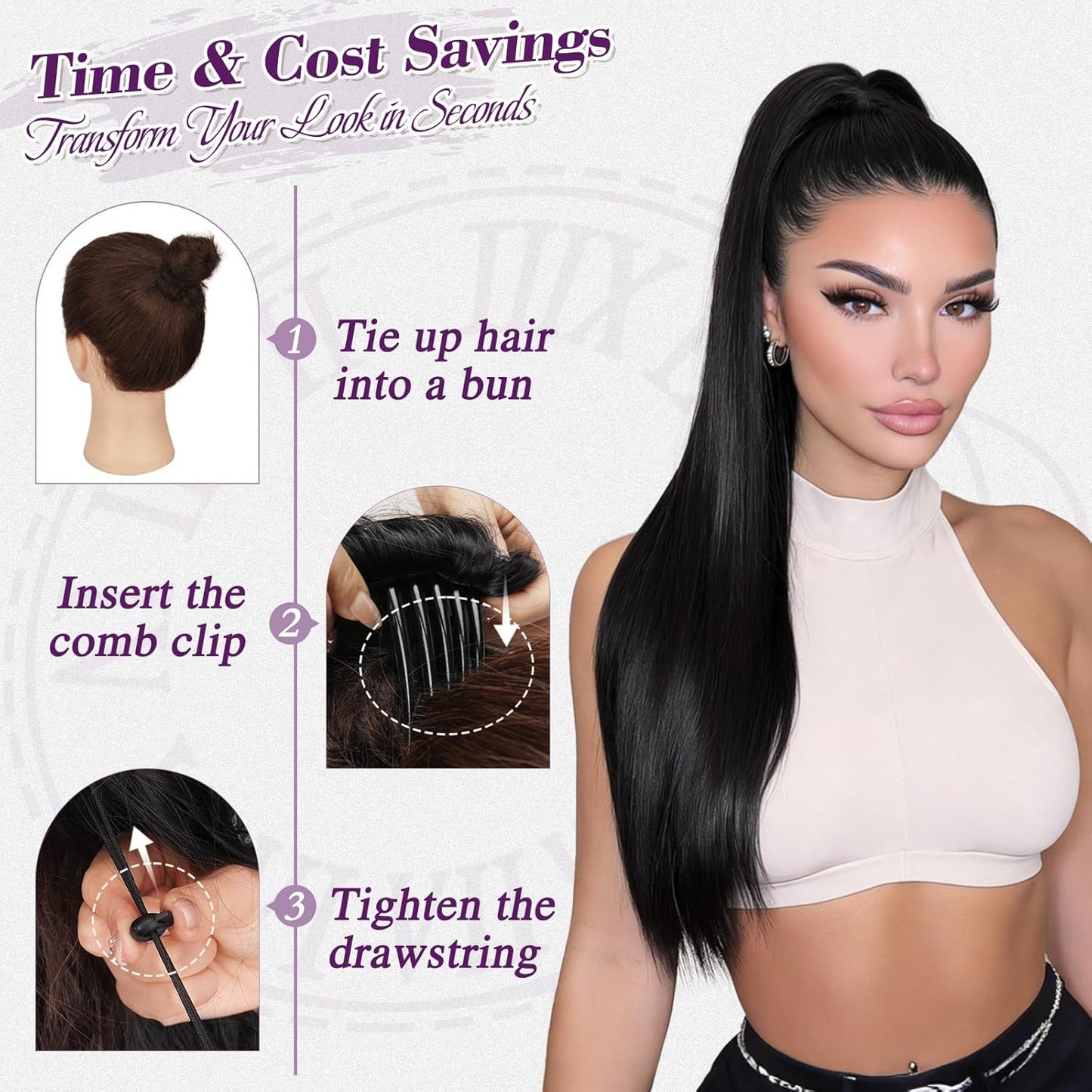 Black Straight Drawstring Ponytail Extension - 28 Inch Natural-Looking Soft Synthetic Hairpiece for Daily Wear | Cheer & Party