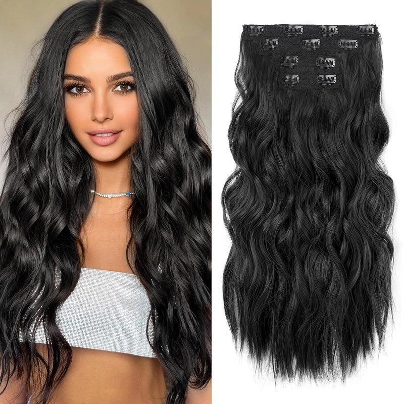 REECHO Clip-In Hair Extensions - 24" Thick Long Beach Waves | Black Invisible Lace Weft Synthetic Hairpieces