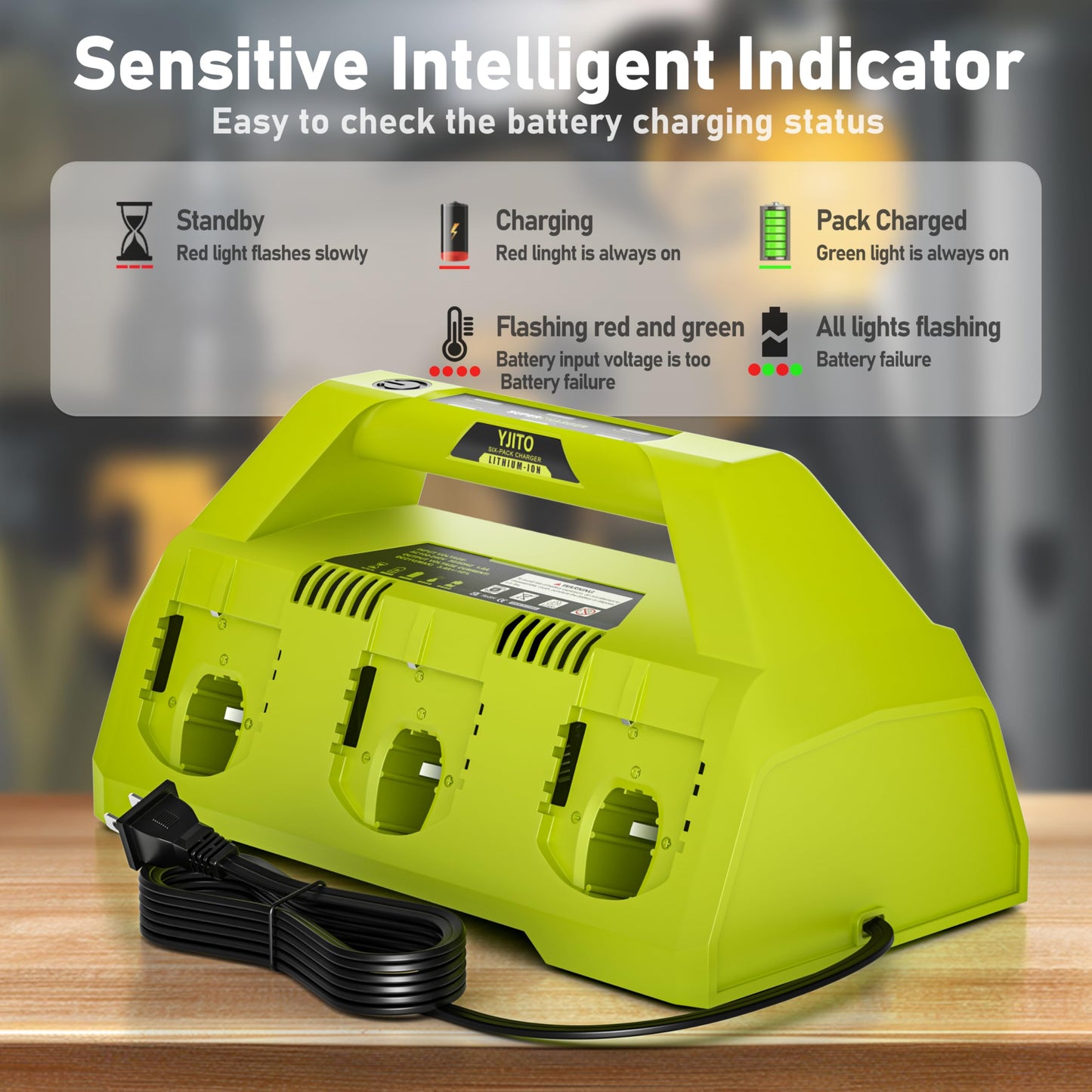 YJITO Upgraded 6-Port Fast Charger for Ryobi 18V Lithium-Ion Batteries, Compatible with Ryobi 18V ONE+ Battery Systems, Replacement for P135 Charger (6-Pack Charging Station)