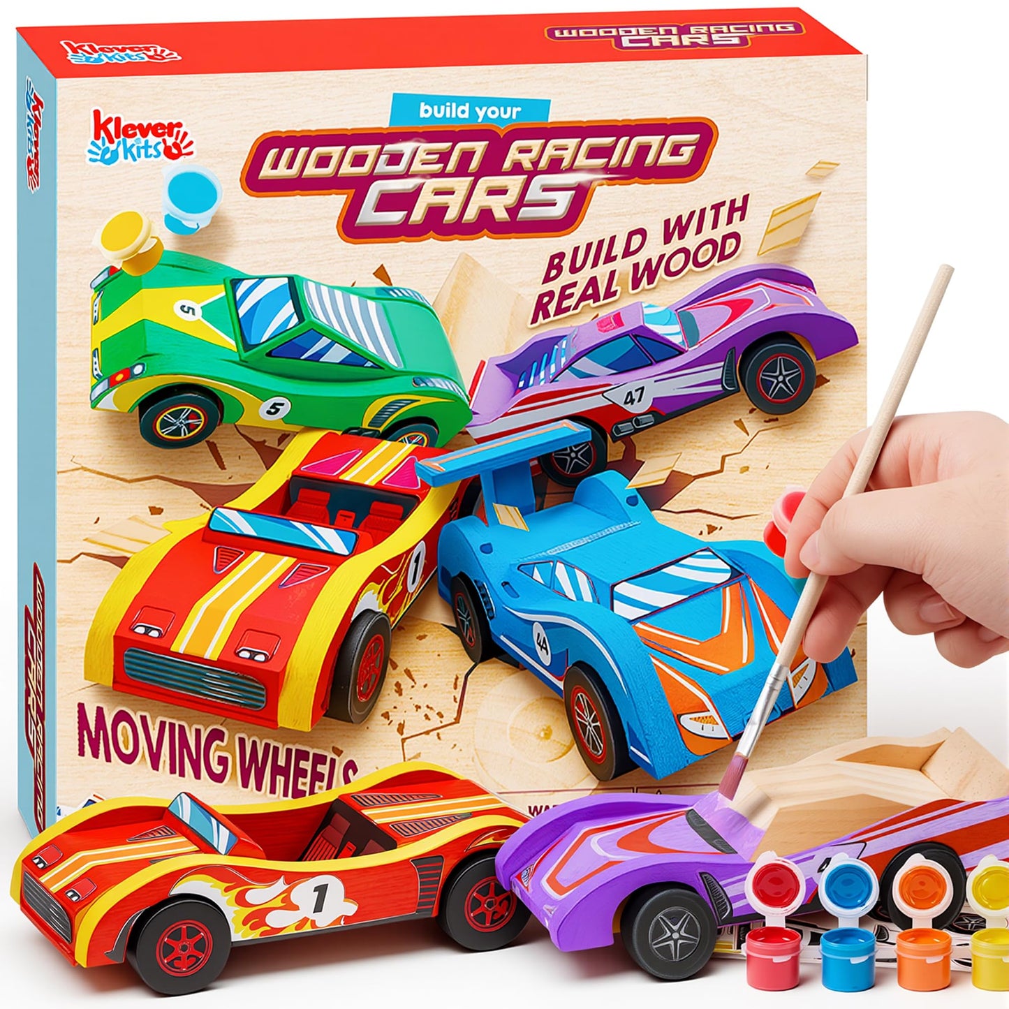 Klever Kits 4 DIY Wooden Race Cars-Build & Paint Your Own Wood Craft Kit, 4 Race Cars Toy, Easy to Assemble Arts Crafts Kit, Birthday Party Presents for Kids Boys and Girls
