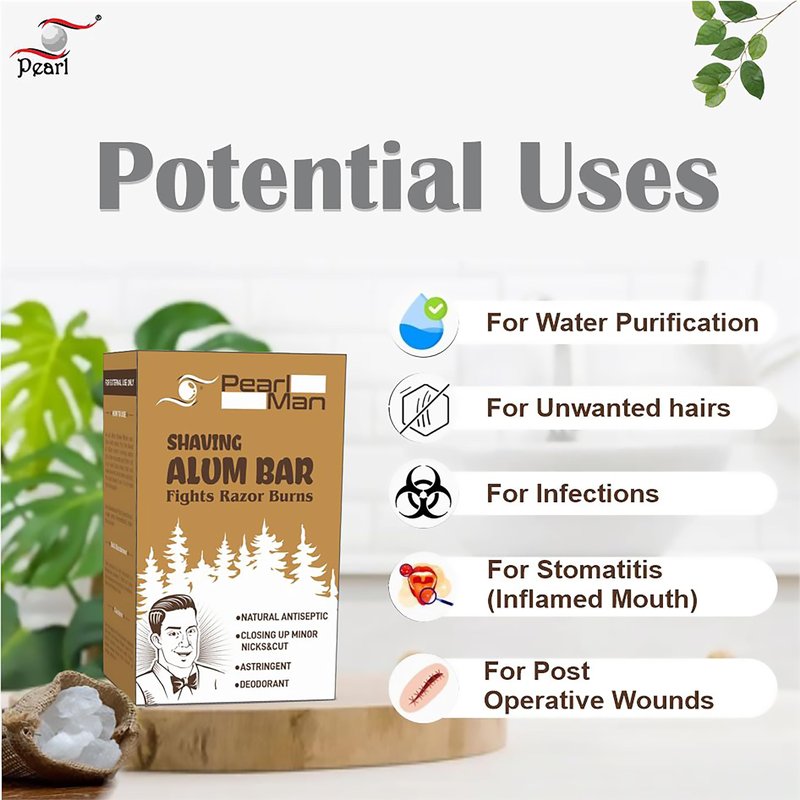 Pearl Shaving Alum Bar (Fitkari) - 100g | 100% Pure Natural Alum Stone | Gentle & Effective Aftershave| Ideal for Razor Burn Relief | Chemical-Free Shaving Aid, white
