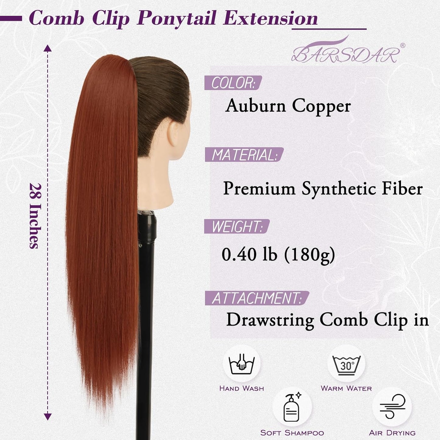 Auburn Straight Drawstring Ponytail Extension - 28 Inch Thick Copper Hairpiece for Natural Look | Soft Synthetic Ponytail