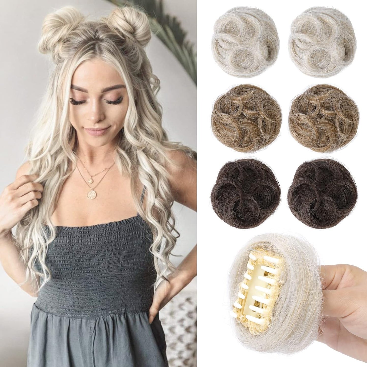 REECHO Mini Claw Clips - Messy & Cat Ears Hair Bun Extensions | 2-Pack, 3.5" Wavy, Natural Black