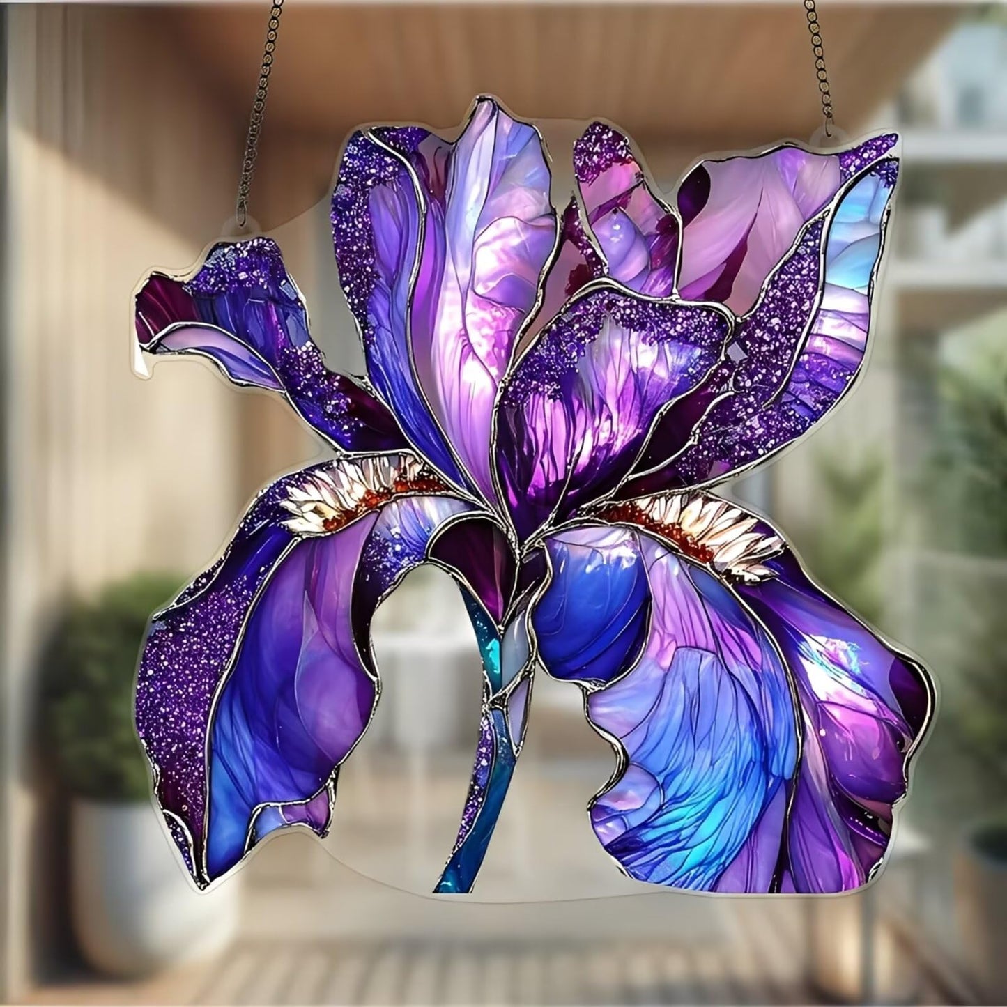 1PC Purple Iris Acrylic Suncatcher Hanging, 7.08 inch Window Decor with Printed Stained Glass Style Design, Rainbow Maker Wall Art, Gift Idea & Garden Ornament Indoor Outdoor Use/ZW-01