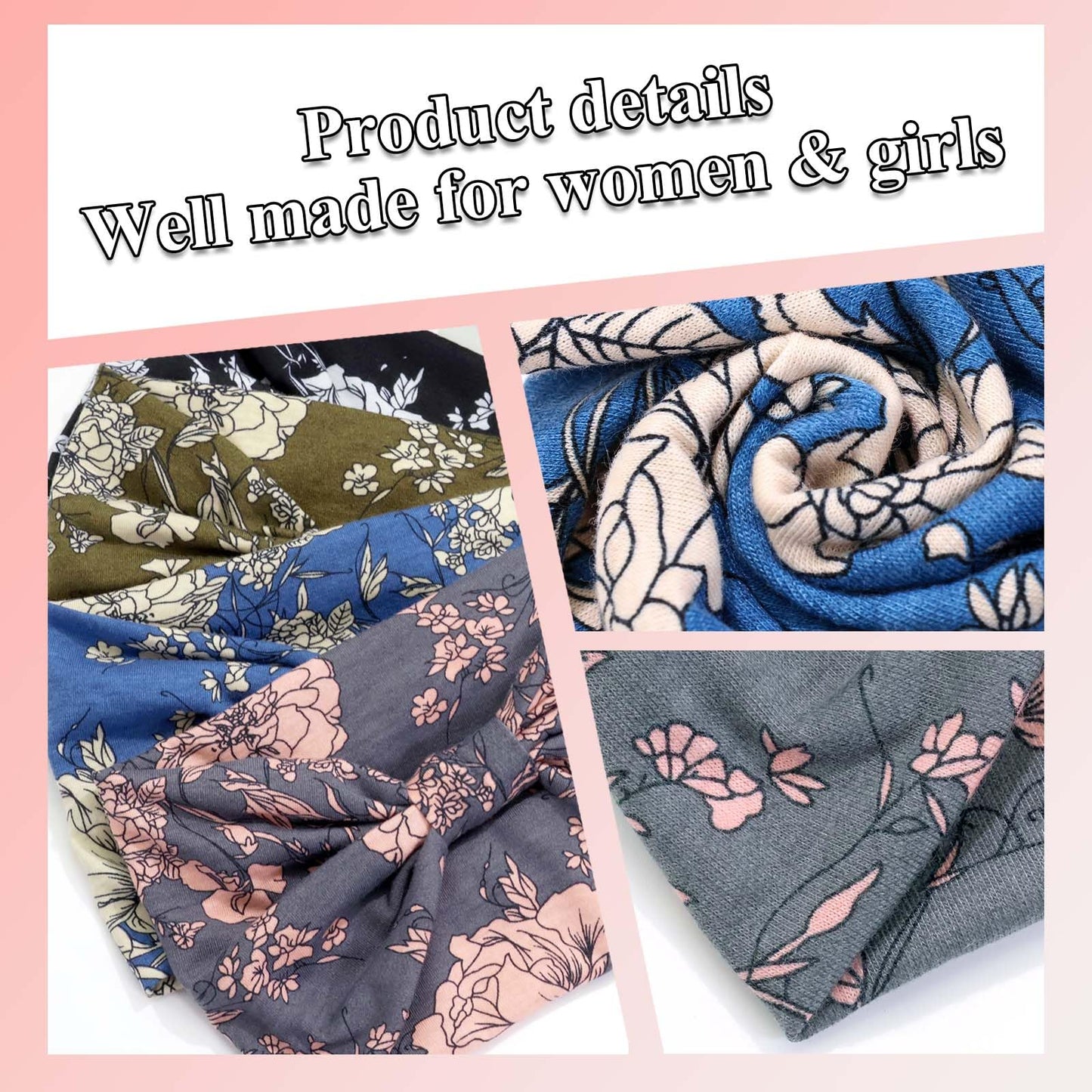 FARSYOD Boho Headbands For Women Wide Floral Hairbands Fashion Knotted Head Wraps Soft African Turban Band for Girls Ladies NonSlip Stretchy Workout Yoga Daily Life 4 Pack