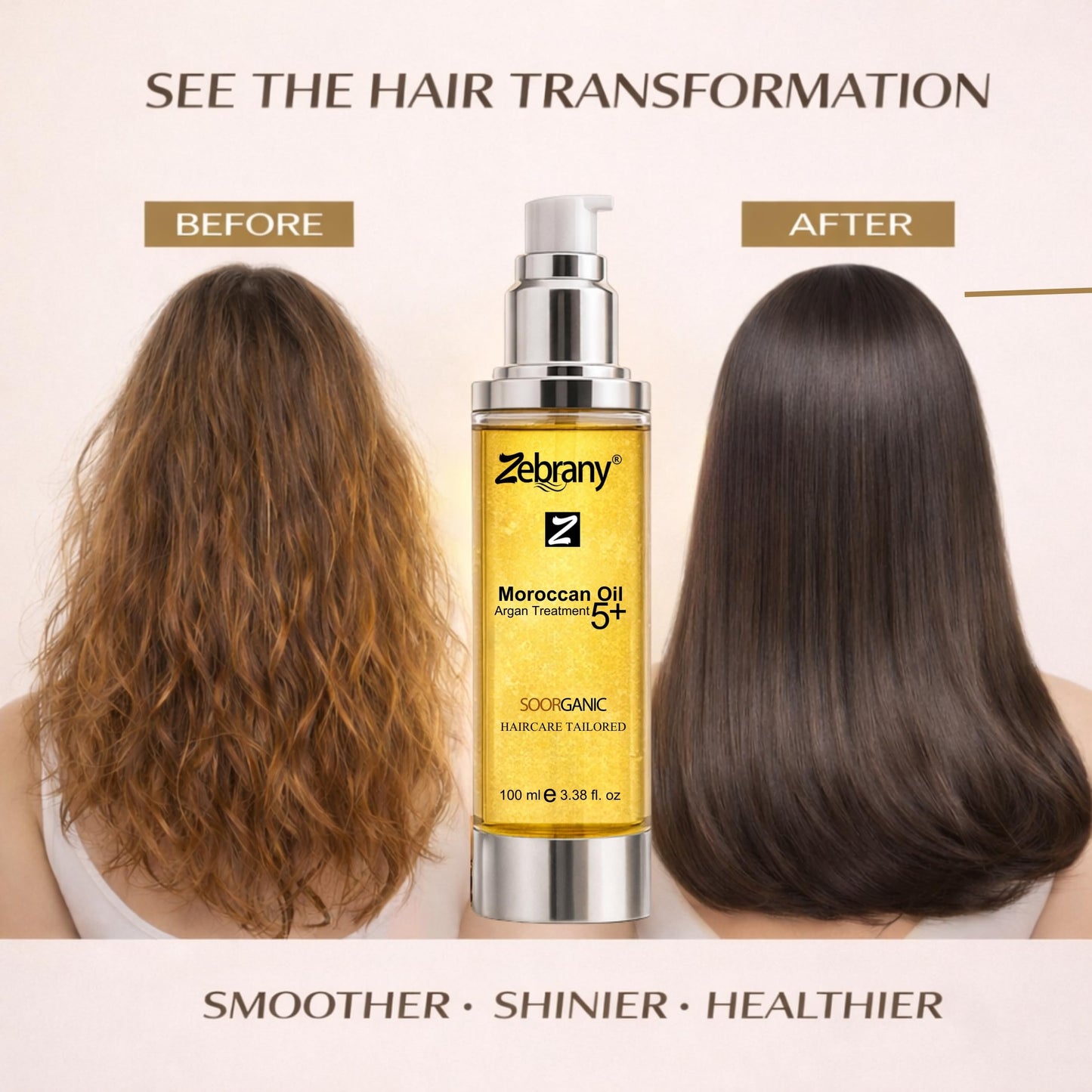 Zebrany Moroccan Argan Oil Hair Serum, Leave-In Conditioner for Dry, Damaged & Frizzy Hair, Professional Heat Protectant, Deep Moisturizing Hair Treatment, Shine Booster, Day & Night Care, 3.38 Fl Oz