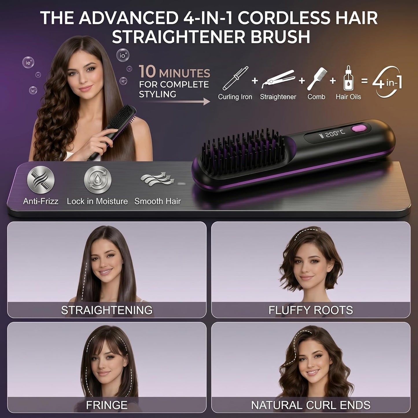 Cordless Hair Straightener Brush - Fast 20s MCH Ceramic Heating, 4000mAh Battery | Portable Mini Comb with 199M Negative Ions & Storage Pouch