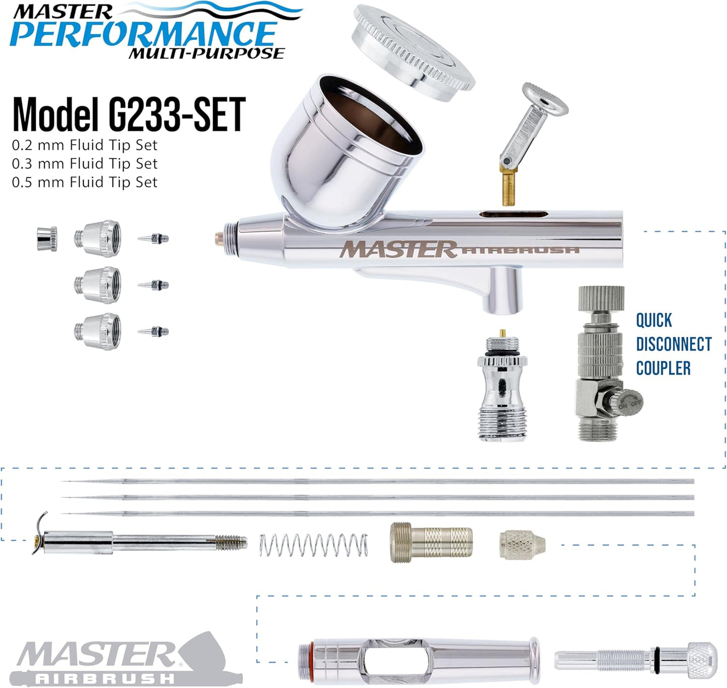 Master Airbrush G233 Pro Airbrush Kit - 3 Nozzle Sets (0.2, 0.3, 0.5mm) for Painting & Body Art