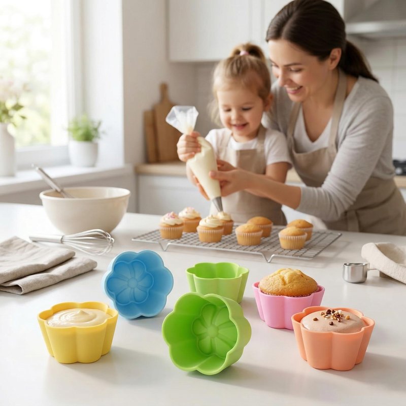 Mini Begonia Silicone Baking Cups Pack of 24 - Reusable Cupcake Liners Muffin Pan Molds 2 inch (5cm) - Nonstick Small Truffle Chocolate Jello Cups in 6 Colors Mini Begonia