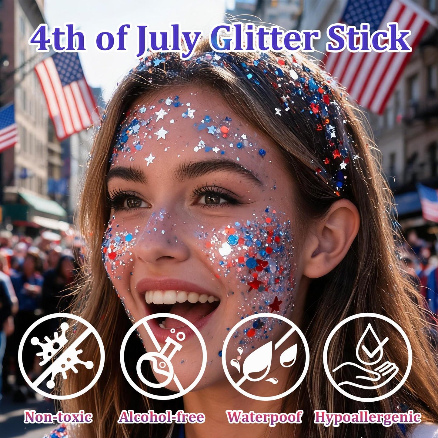 2PCS Red White and Blue Hair Glitter Stick, 4th of July USA Flag Face Body Glitter, Waterproof Patriotic Makeup for Independence Day & Football Game, Sparkling Face Paint for Women