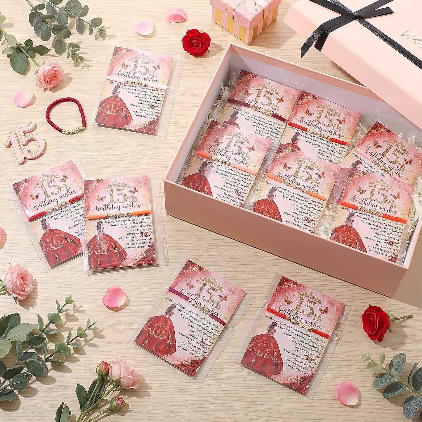 Quinceañera Party Favors - 25 Heart Beaded Bracelets with Thank You Cards | Perfect Birthday Gifts for Guests