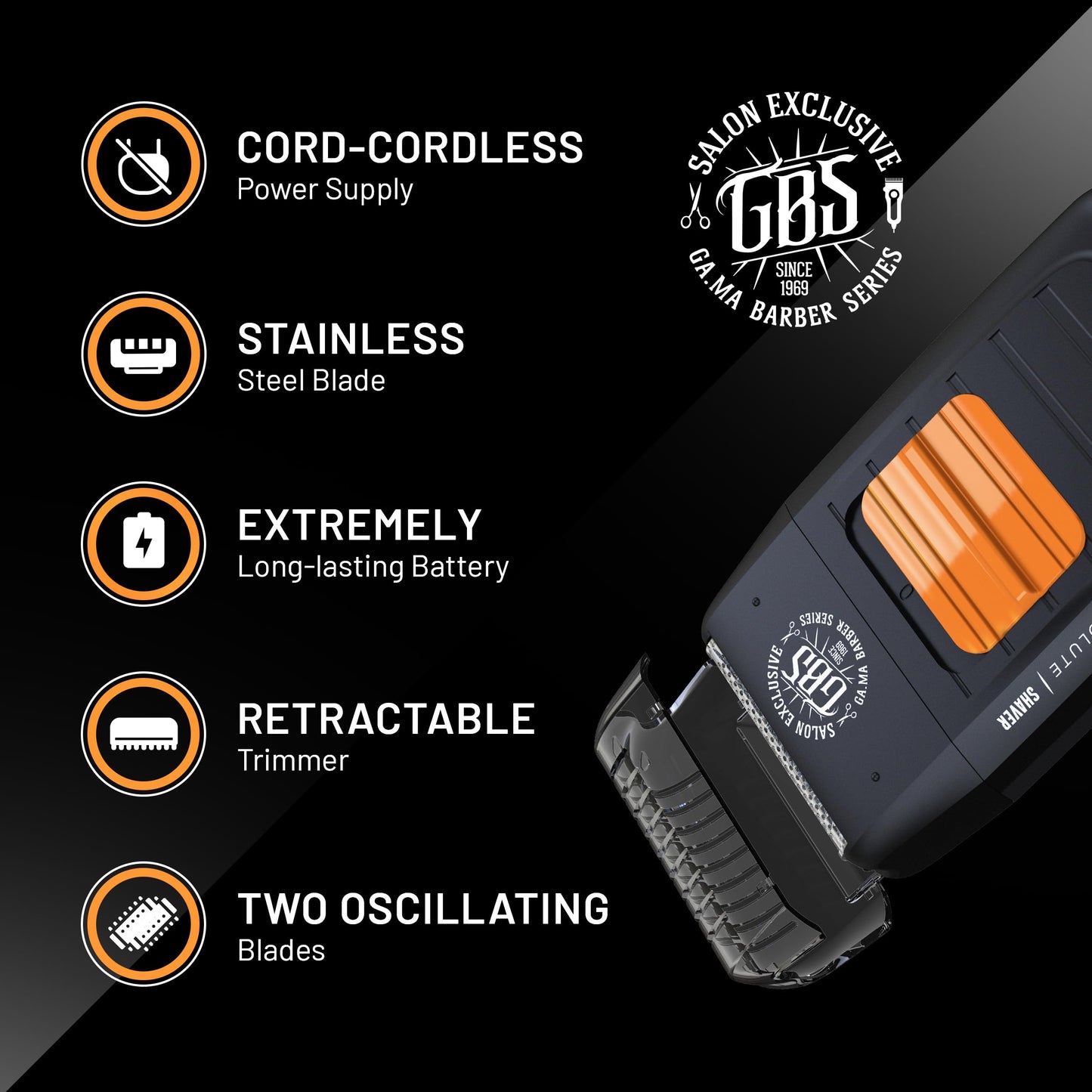 GA.MA GBS Absolute Shaver, Corded & Cordless Professional Grooming Tool with Retractable Detail Trimmer, Dual Oscillating Blades, 90 Min Runtime